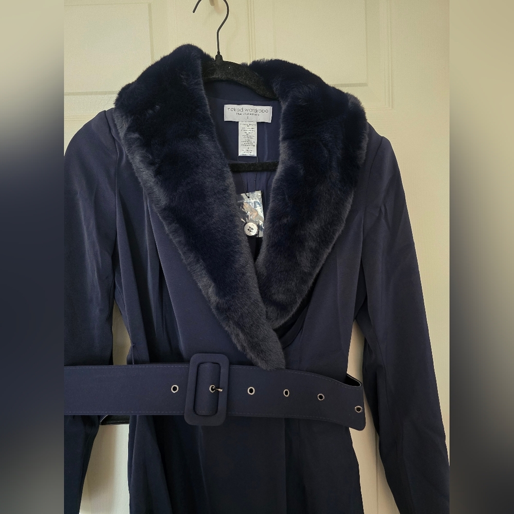 Naked Wardrobe Faux Fur Trimmed Trench Coat- Navy Blue - Picture 3 of 5